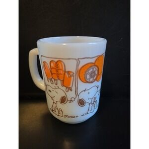 VTG 1958 Fire King Milk Glass Mug Snoopy Sweet Dream Ice Cream Orange Peanuts